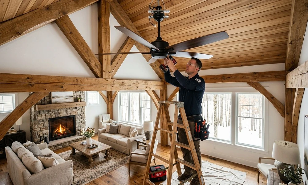 Smart Ceiling Fan Installation for Homes in San Marcos, Texas: Adding Remote Controls, Integrated Lighting, and Automated Comfort to Tall Living Rooms